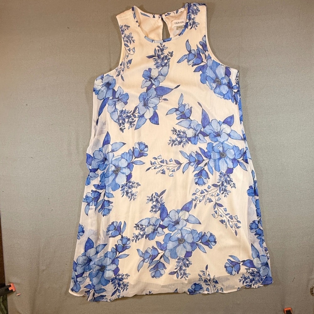 Calvin Klein Blue Floral Sleeveless Shift Dress Cream Size 6 Keyhole Back 1958